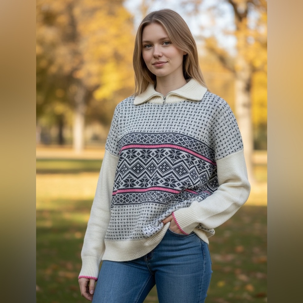 Vineyard Vines Cream and Navy Patterned Sweater with Pink Accents - Picture 4 of 6